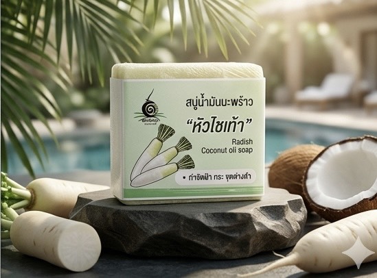 สบู่น้ำมันมะพร้าวผสมหัวไชเท้า 100 pan สบู่น้ำมันมะพร้าวผสมหัวไชเท้า 100 pan